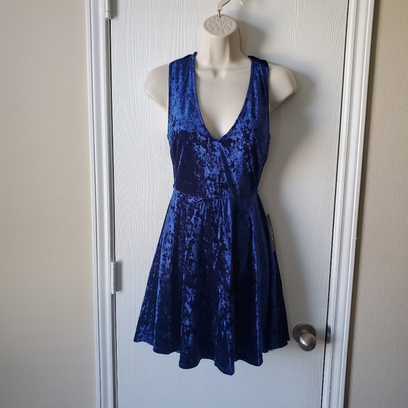 Lulu's Blue Backless Velvet Skater Dress - Picture 1 of 5
